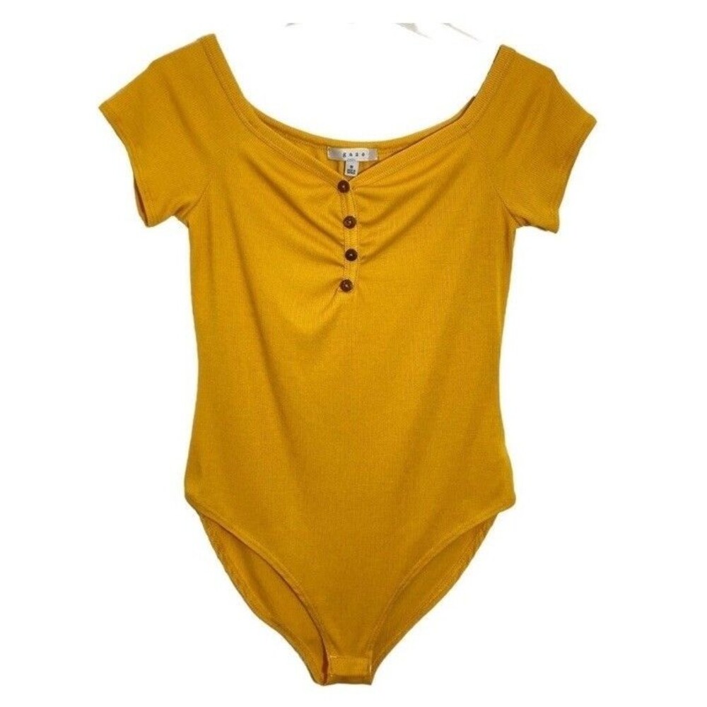 Gaze Body Suit Top Womens Size Medium Yellow Ribbed Short Sleeve Snap Stretch